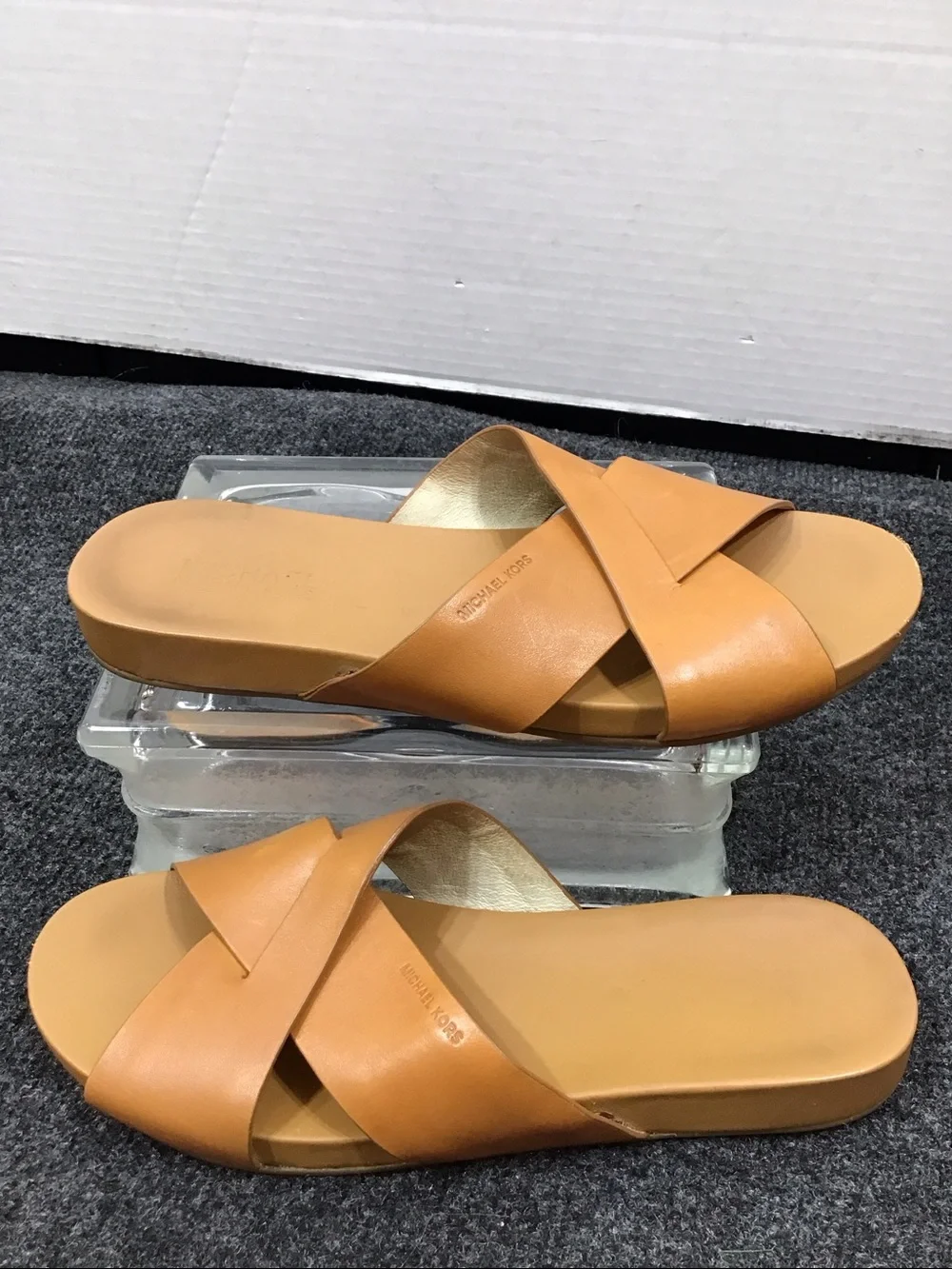 Michael Michael  Kors Cognac Somerly Leather Crossband Slide Sandals 7.5 - Picture 5 of 9